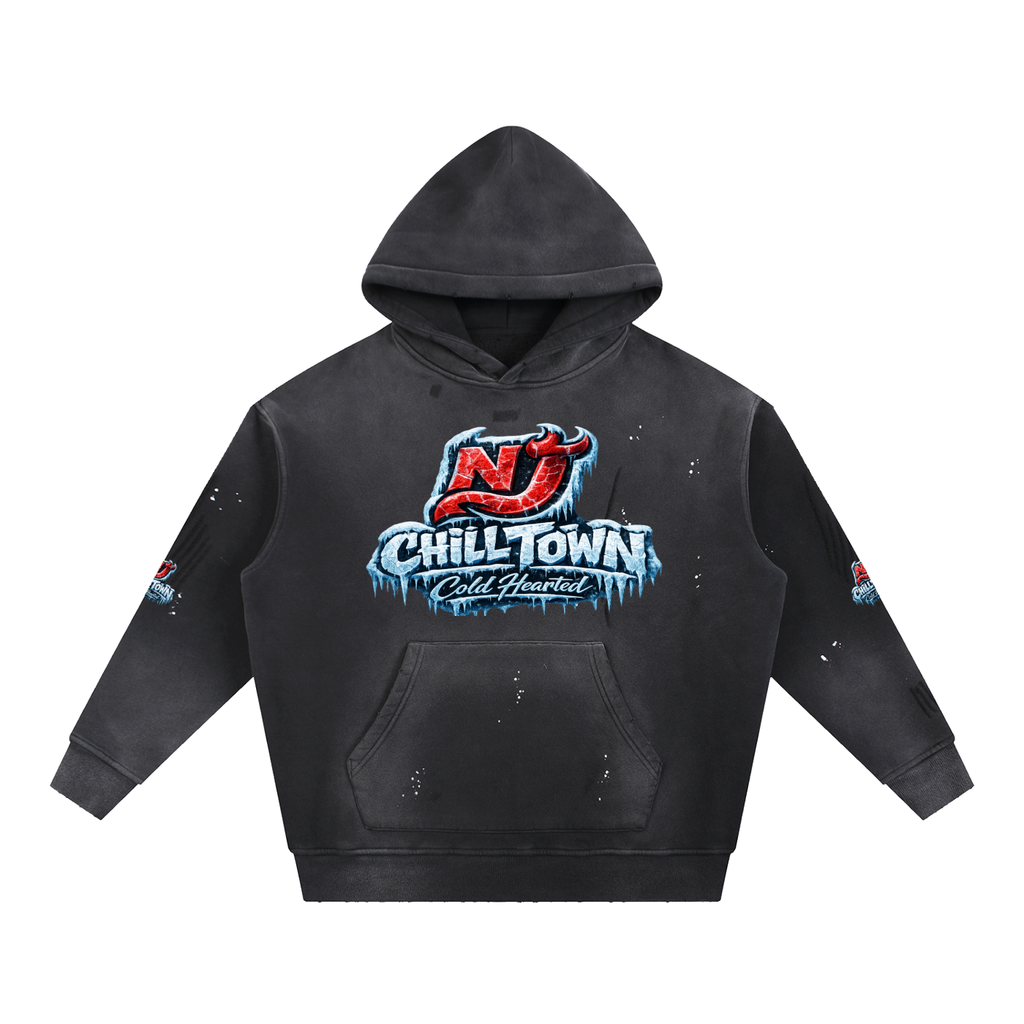 NJ CHILL TOWN TLA Vintage Washed Frayed Fleece Hoodie